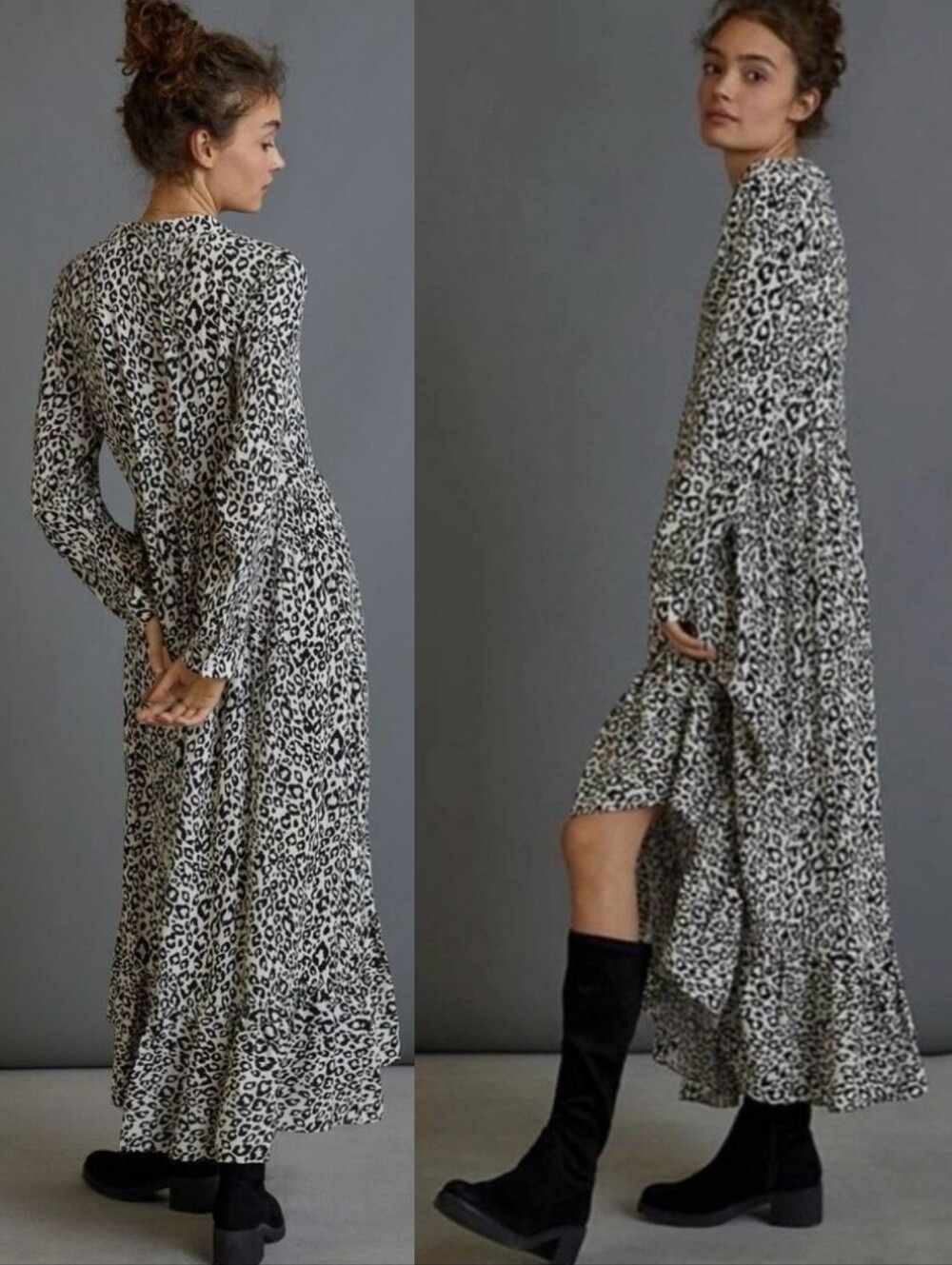 Anthropologie Mare Mare Lynda Maxi Dress Tiered Long Sleeve Leopard Print Medium
